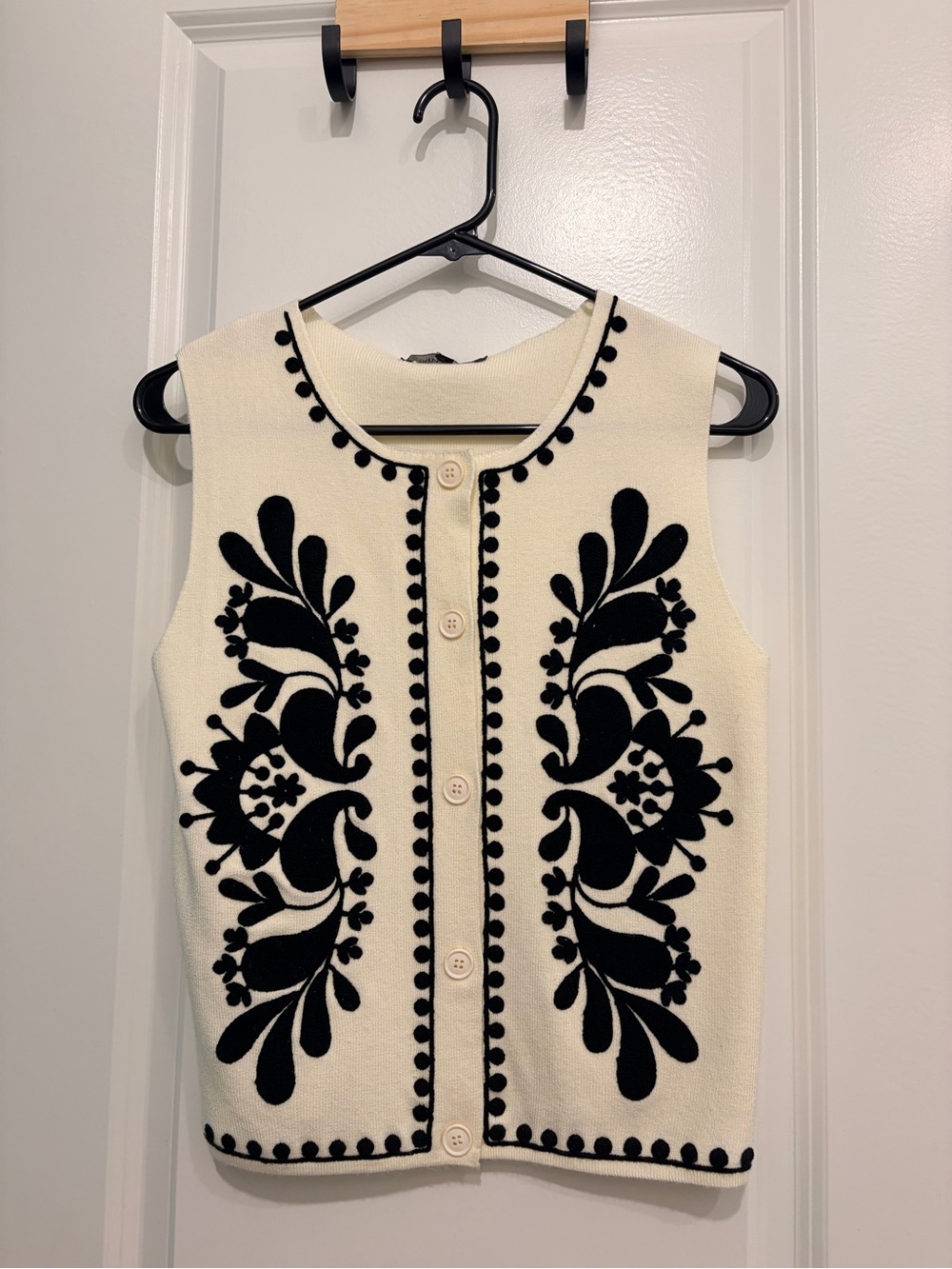 Cream Embroidered Button-Front Sweater Vest